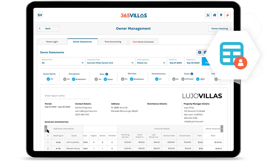 365 Villas Software Owner Statement feature