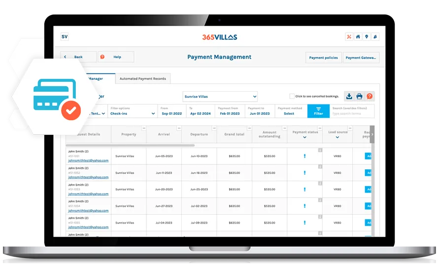 365 Villas Software Payment manager Feature