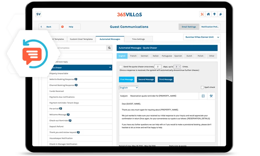 365 Villas Software Quote Chaser Feature
