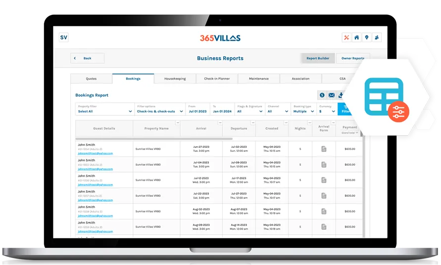 Reports feature of 365 Villas Software