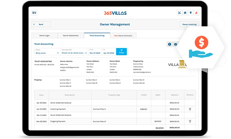 Trust Accounting feature of 365 Villas Software